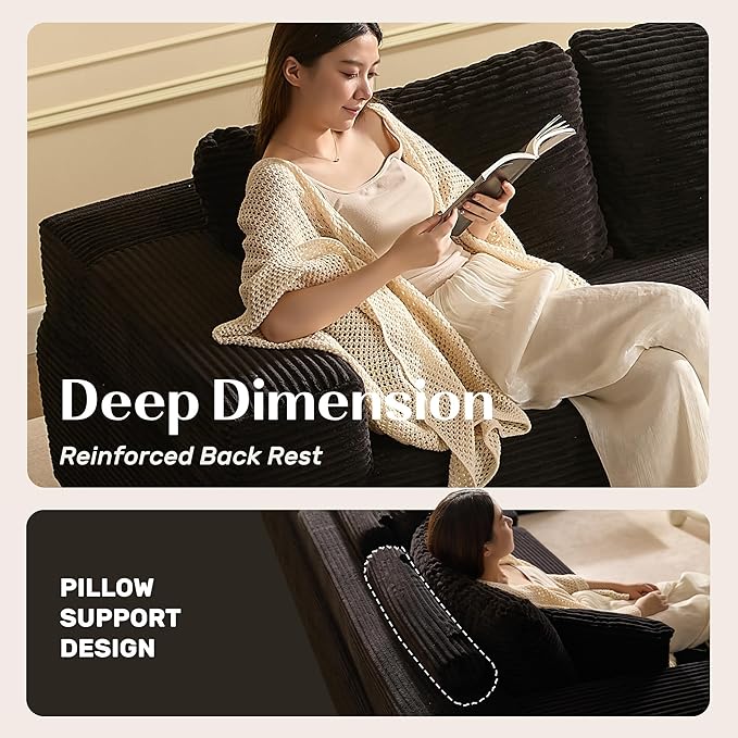 138" Modular Sofa Memory Foam Sectional Couches for Living Room, Sleeper Sofa Bed, Corduroy, Black