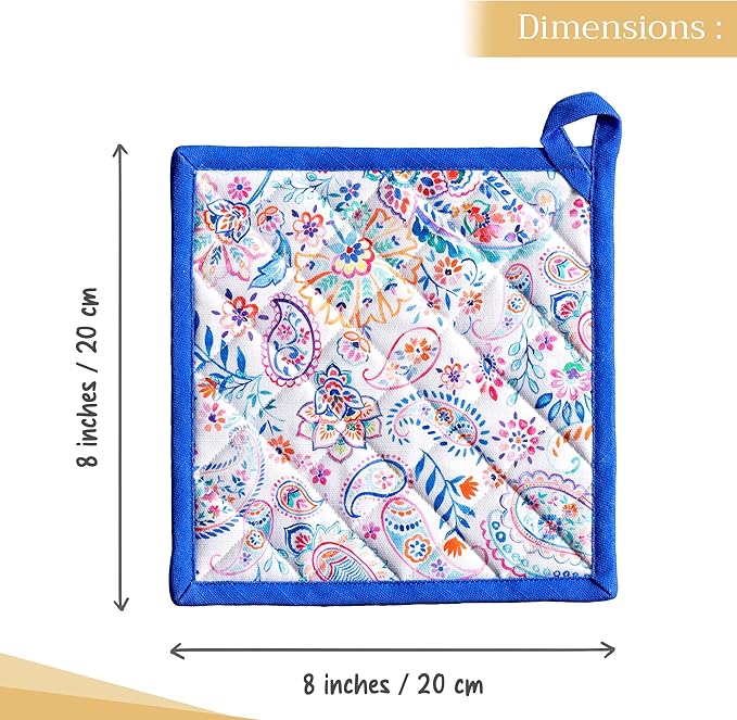 Maison d' Hermine Pot Holders Set 100% Cotton Heat Resistant Potholders 8" x 8" Hot Pads with Loop BBQ, Cooking, Baking, Grilling, Kitchen, Handling Hot Pans Spring/Summer (Pack of 2, Indian Floral)