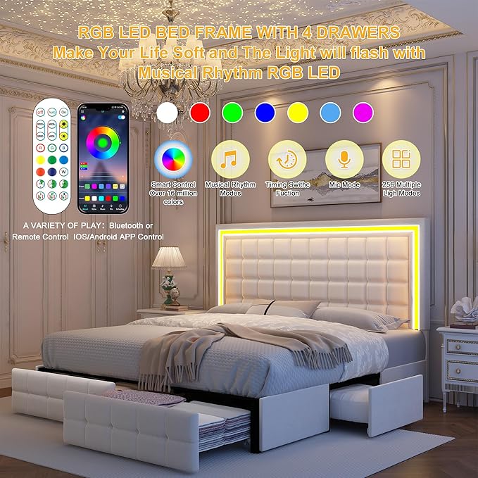 King Bed Frame with LED Lights & Storage Drawers, No Box Spring Needed, Heavy Duty 900lbs Weight Capacity, Easy Assembly, Modern Upholstered Platform Bed, Velvet Cream