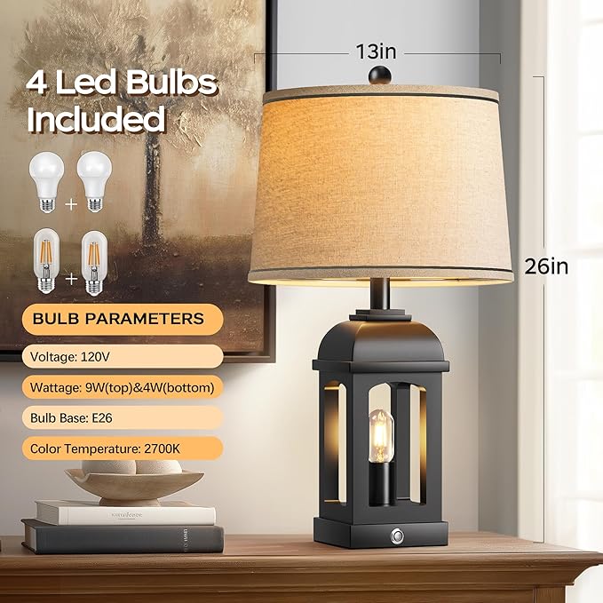 QiMH Table Lamp for Living Room, Farmhouse Lamps Set of 2 with USB A+C and Nightlight, 26" Rustic Bedside Lamps with 3-Way Dimmable Touch Control, Nightstand Lamp for Bedroom Decor, Black