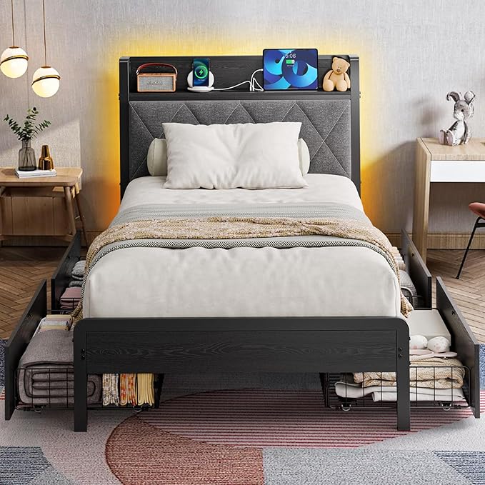 Bed Frame Twin Size with Charging Station and LED Lights, Upholstered Storage Headboard with 4 Drawers, Heavy Duty Metal Slats, Noise Free, Easy Assembly, No Box Spring Needed