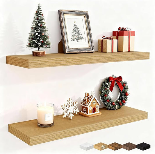Fun Memories Floating Shelves for Wall, 30 Inch Rustic Wood Wall Mounted Shelves for Bathroom, Bedroom, Kitchen, Living Room, Deep Floating Shelves for Storage & Home Decor (Oak, Set of 2)