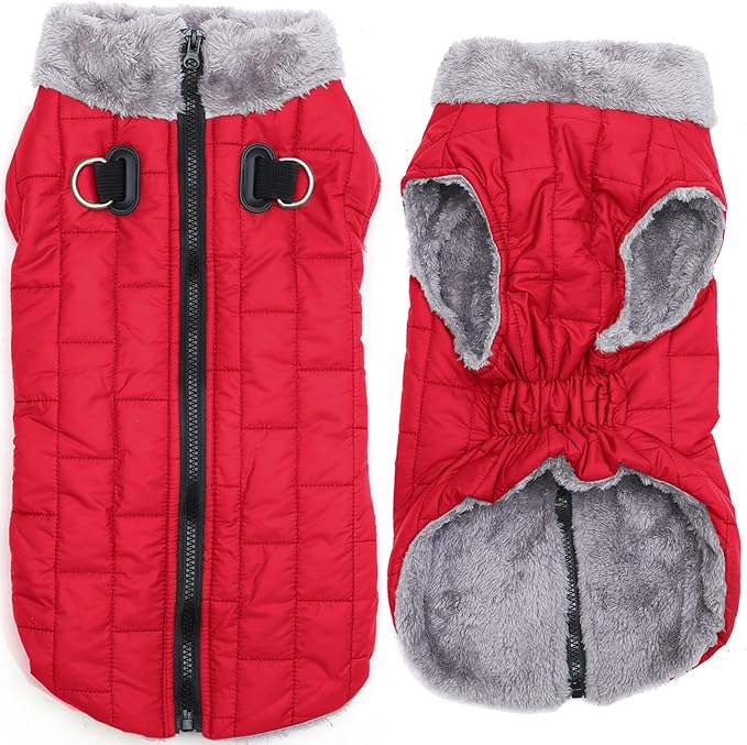 Warm Fleece Dog Coats with Durable Harness Buitl in D-Ring,Waterproof Doggie Jacket for Medium Dogs,Dog Vest for Cold Winter,Red XL