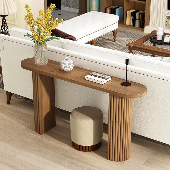 Fluted Solid Wood Console Table-55 Long Farmhouse Entryway Table with Rounded Corners, Morden Sofa Tables Behind Couch for Foyer, Entrance, Living Room, Hallway