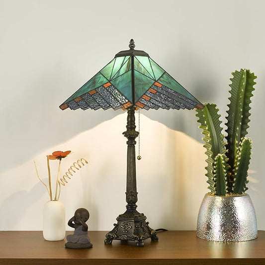 Tiffany Table Lamps Deep Blue Stained Glass Rhombus Checkered Style Mission Desk Lamp 12X12X24 Inch Bronze Resin Base