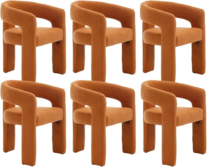 Modern Sherpa Dining Chairs Set of 6, Upholstered Barrel Chairs with Arms Comfy Accent Side Chairs for Living Room/Dining Room/Reception, Terra Cotta
