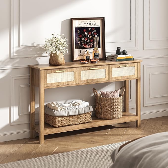 ELYKEN 51.2" Entryway Table with 3 Rattan Drawers, Boho Console Table Narrow with Storage, Long Sofa Table for Behind Couch Entry Hallway, Entrance, Living Room, Oak Brown