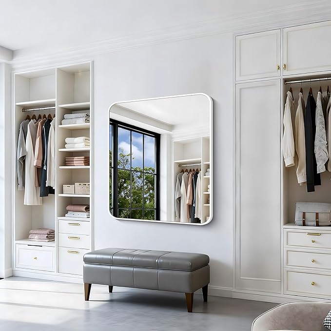 BONEWEI White Bathroom Mirror,36x40 inch Wall Mirror for Bathroom Wall Mounted,Rectangle Mirror for Bathroom Over Sink,Modern Frame Round Corner for Living Room,Bedroom Entryway,Horizontal/Vertical