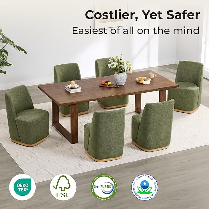 CHITA Upholstered Rolling Dining Chair on Casters Set of 2, FSC Certified Modern Fabric Dining Chair with Casters, Boucle Dining Chairs for Reading Room Kitchen Dining Room, Moss Green