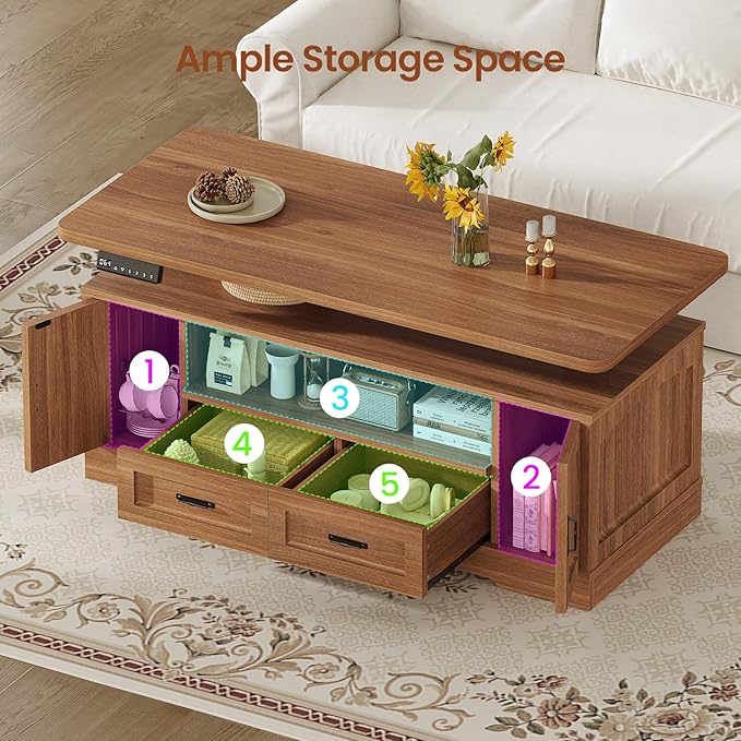 SEDETA 47.2" Electric Standing Coffee Table with Storage, Farmhouse Lift Top Coffee Table with Drawers and Open Shelves, Height Adjustable Tables with Power Outlet, for Living Room, Brown
