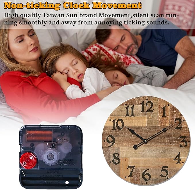 24 Inch Silent Large Wall Clock Battery Operated for Farmhouse Kitchen,Non-Ticking Retro Wall Clock with Big Numbers for Living Room,Vintage Wood Clock for Bedroom Home Country Office School