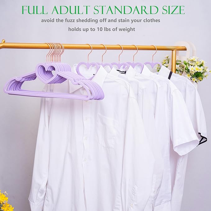 Light Purple Velvet Hangers 50 Pack, Premium Heart Hanger Non-Slip Felt Hangers, 360° Swivel Rose Gold Hooks, Space Saving Slim Hangars, Durable & Cute Clothes Hangers for Adult