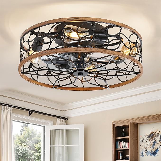 LEDIARY 20 Inch Caged Ceiling Fans with Lights, Farmhouse Flush Mount Ceiling Fan with Remote, Black&Walnut Low Profile Ceiling Fan Light Fixture for Bedroom, Kitchen, Dining Room