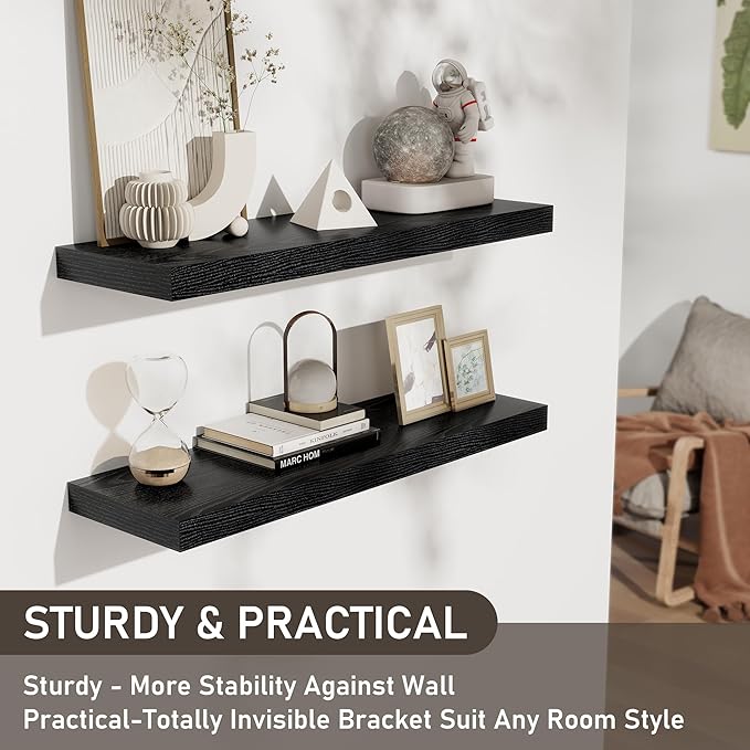 Fun Memories Black Floating Shelves for Wall, 32W x 8D Floating Wall Shelves with Invisible Brackets Set of 2, Hanging Rustic Wood Shelf Decoration for Bedroom, Bathroom, Living Room and Kitchen