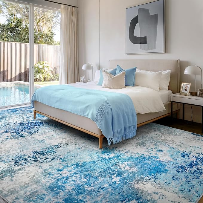 9x12 Area Rugs Living Room Rug - Washable Neutral Modern Abstract Large No Slip Soft Thin Rug Indoor Floor Carpet for Bedroom Under Dining Table Home Office Nursery Room - Blue White