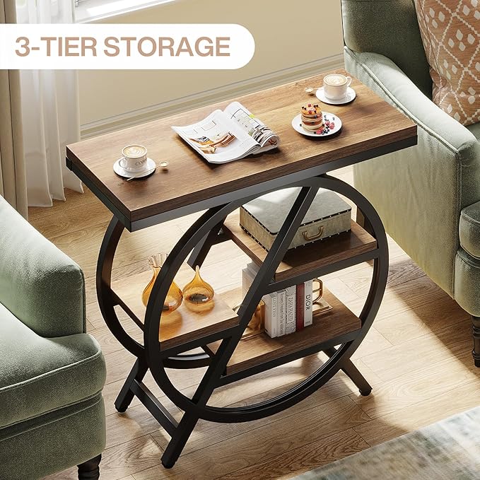 Tribesigns End Table for Living Room, 3-Tier Narrow Side Table with Storage, Wood Sofa Side Table with Geometric Metal Frame, Industrial Nightstand and Bedside Table for Bedroom, Light Brown