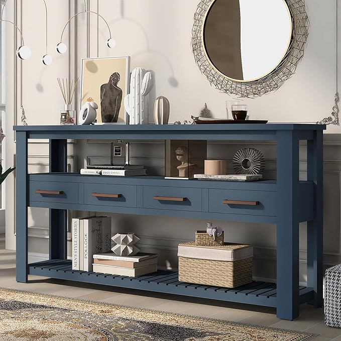 Modern Console Table 62-Inch Long Narrow Sofa Entry Table with Drawers & Open Shelves for Living Room Entryway (Navy Blue)