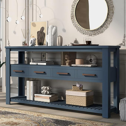 Modern Console Table 62-Inch Long Narrow Sofa Entry Table with Drawers & Open Shelves for Living Room Entryway (Navy Blue)