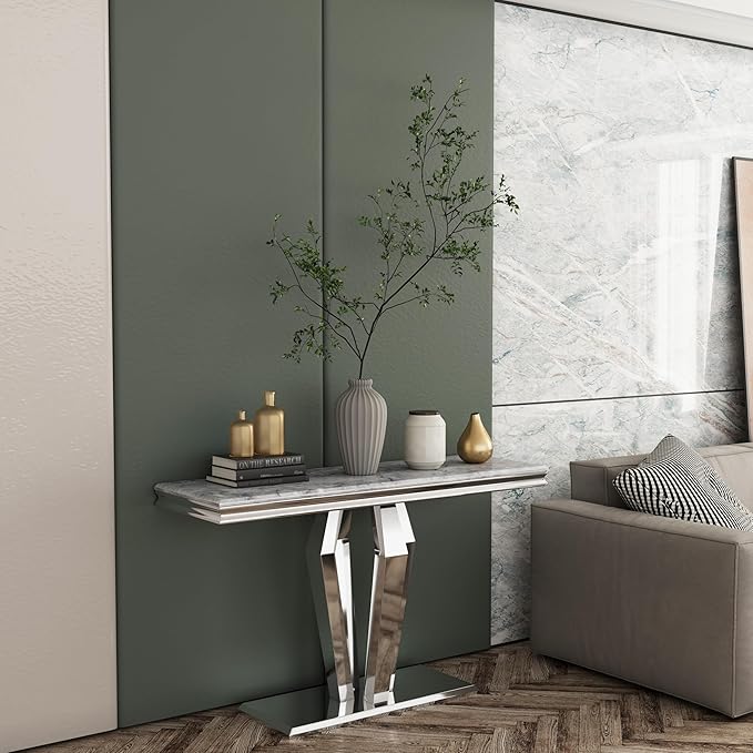 Silver Console Table, Luxury Grey and Silver Sofa Table, 50 inch Rectangle Entryway Table with Mirrored Geometric Base for Living Room, Hallway