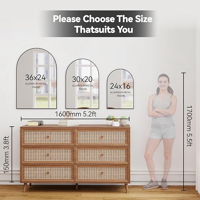 30x20 Arch Mirror Rectangle Wall Mounted Hanging or Against Wall Aluminum Alloy Metal Frame Dressing Make-up Mirrors for Entryway Bedroom Bathroom Living Room 30 20 inch Black