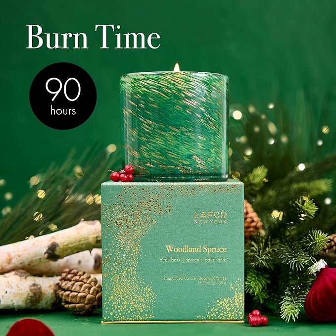 LAFCO New York Holiday Signature Candle, Woodland Spruce - 15.5 oz - 90-Hour Burn Time - Reusable, Hand Blown Glass Vessel - Made in The USA