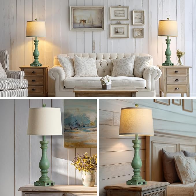 29" Tall Vintage Table Lamps Set of 2,Retro Green Bedside Lamps with USB C+A Ports & AC Outlet,3-Way Dimmable Touch Lamp for Night Stands Living Room Bedroom,Green