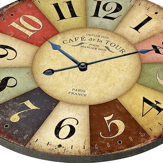 24 Inch Vintage Wall Clocks French Style Retro Wall Clock Large Farmhouse Clocks Retro Colorful Wall Clock Decorative Battery Operated Silent Scan Non-Ticking for Home Living Room Bedroom