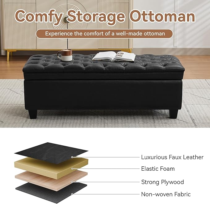 50" Faux Leather Storage Ottoman Bench, Upholstered Rectangle End of Bed Storage Ottoman Tufted Living Room Bedroom Bench with Safety Hinge, Solid Wood Legs, Loads 500 lb(Black)
