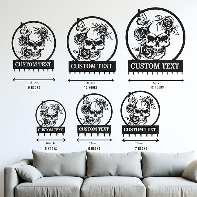 Personalized Key Holder for Wall, Custom Metal Rose Skull Key Hooks with Name, Metal Jacket Holder Hooks Organizer Rack, Coat Hanger Decor for Kitchen, Entryway, Hallway, Office
