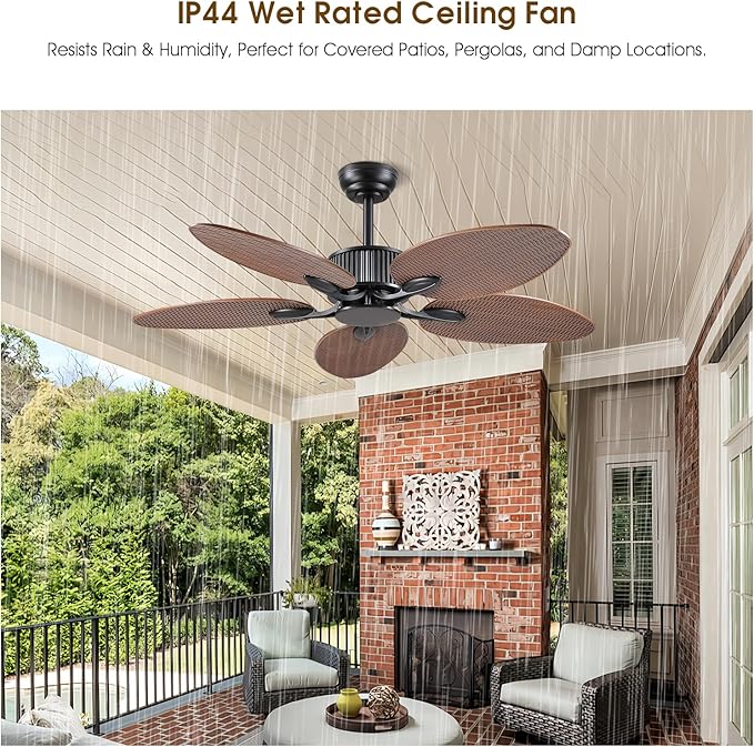 50 Inch Tropical Ceiling Fan no Light, Outdoor Waterproof Palm Leaf Ceiling Fans for Patios Porches, Remote +APP Control, Wet Rated, 6 Speeds, Quiet, Brown