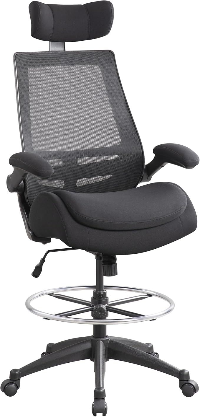 BOLISS 400lbs High Back Computer Office Drafting Chair Double Seat-Cushion Flip up Armrests Lumbar Support Adjustable Big Footrest Ring (Black)