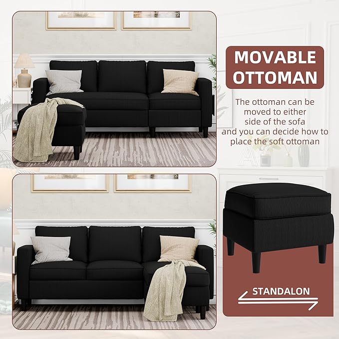 Nuturelly Convertible Sectional Sofa Couch with Movable Ottoman, 3-Seater Modern L-Shaped Sofa for Small Spaces, Soft Fabric Couch for Living Room, Small Apartment & Office(Black)