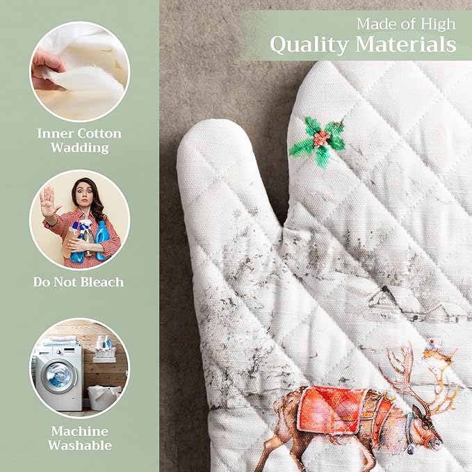 Maison d' Hermine Oven Gloves 100% Cotton Oven Mitt 7" x 13" with Loop Heat Resistant Cooking Gloves for Thanksgiving Christmas Decorations Baking Handling Hot Pans (Pack of 1, Christmas Tradition)