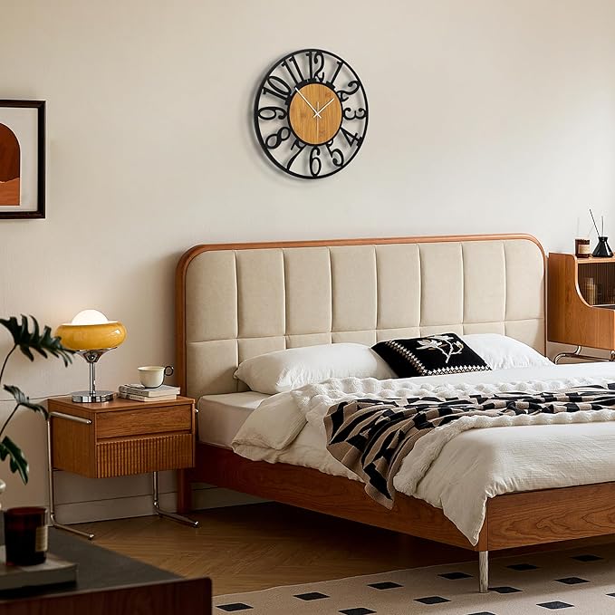 Maxstar Wall Clock Battery Operated,Silent Non-Ticking Modern Rustic Metal Round Clocks Small for Living Room/Bedroom/Office/Kitchen/Farmhouse Home Decor-16 Inch(Yellow-Wood)