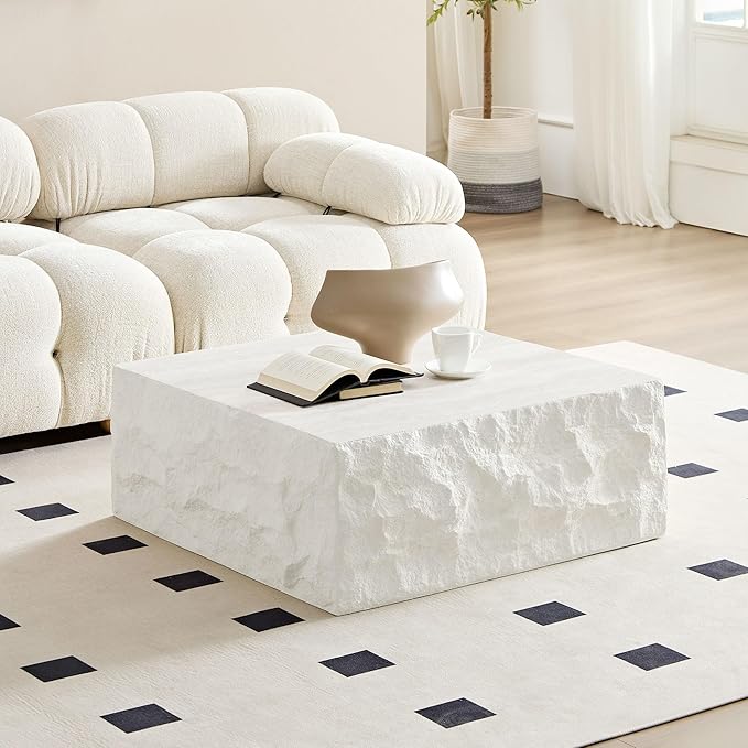 Square Coffee Table, 35.43" Imitation Stone Coffee Table Fiberglass Side Accent End Unique Center Table for Living Room Bedroom Apartment Office, Beige