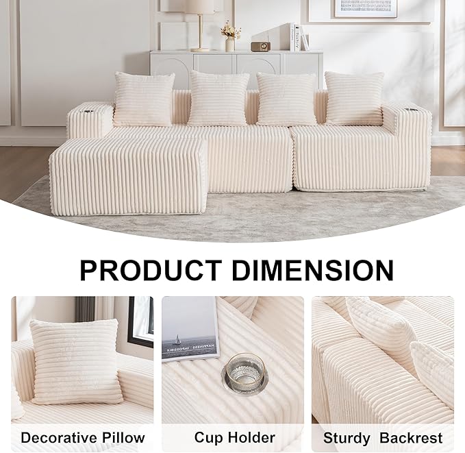 106" Modular Sectional Sofa, Modern Cloud L-Shape Couch with Ottoman Chaise, Comfy Deep Seat Chenille Boneless Couches for Living Room, No Assembly Required, Beige