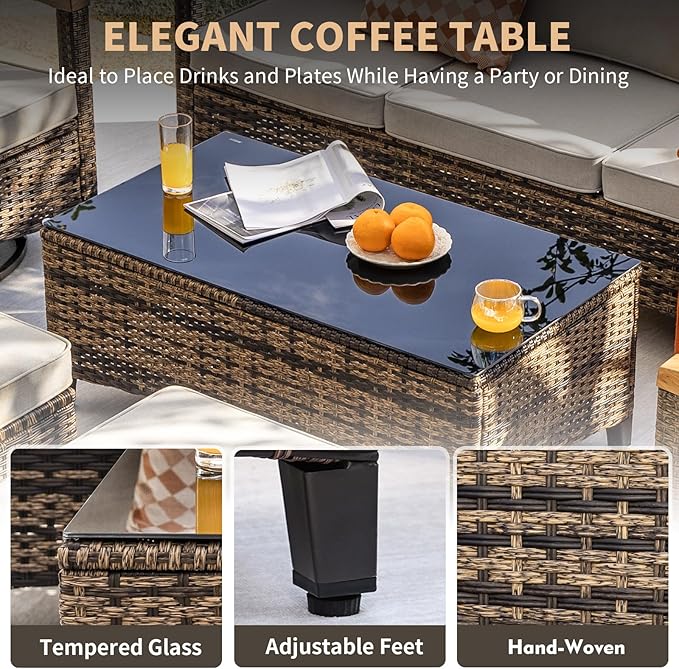 MEISSALIVVE 10 Pieces Outdoor Patio Furniture Sets,PE Wicker Patio Conversation Sets with 4 Wood Armrests Swivel Rocker Chairs，2-seat Sofa and Coffee Table(Brown)