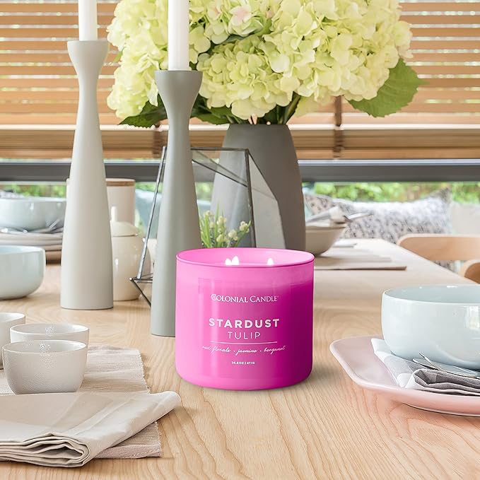 Colonial Candle Stardust Tulip Scented Jar Candle, Pop of Color Collection, 3 Wick, 14.5 oz - Up to 60 Hours Burn
