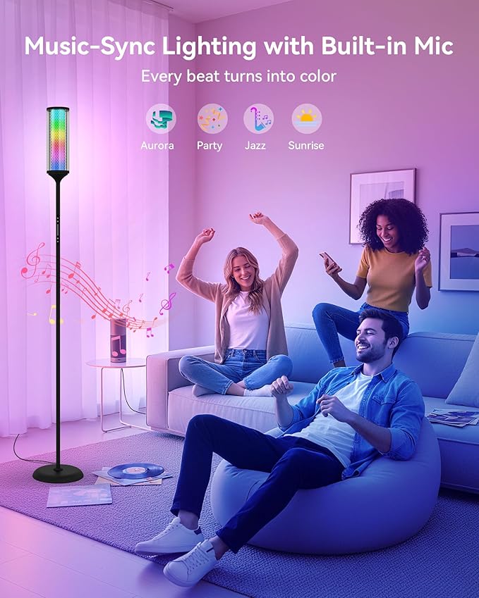 JOOFO RGBICW Corner Floor Lamp with Glass Shade, Color Changing LED Lamp with Music Sync, Smart App & Remote Control, Ambient Lighting with 16 Million Colors for Bedroom, Living Room, Gaming Room