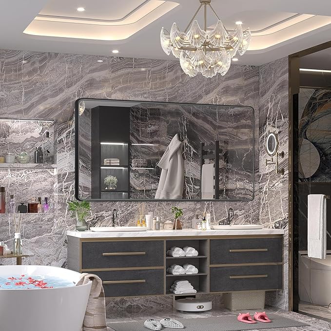 Black Framed Mirrors for Bathroom,72 x 36 Inch Rounded Conner Rectangle Mirror for Wall, Matte Black Vanity Mirror with Tempered Glass,Anti-Rust,Hangs Horizontally or Vertically