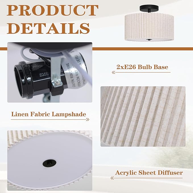 2 Light Semi Flush Mount Ceiling Light Fixture 12.6 Inch Modern Black Drum Ceiling Light Fixture with Pleated Fabric Shade Dimmable Close to Ceiling Light for Living Room Hallway Bedroom Entryway