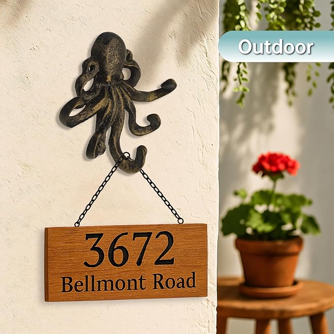 Octopus Cast Iron Wall Hook – Nautical Decorative Key Holder, Coastal Ocean Theme Animal Hook for Entryway, Bathroom, or Bedroom, Heavy Duty Antique Bronze