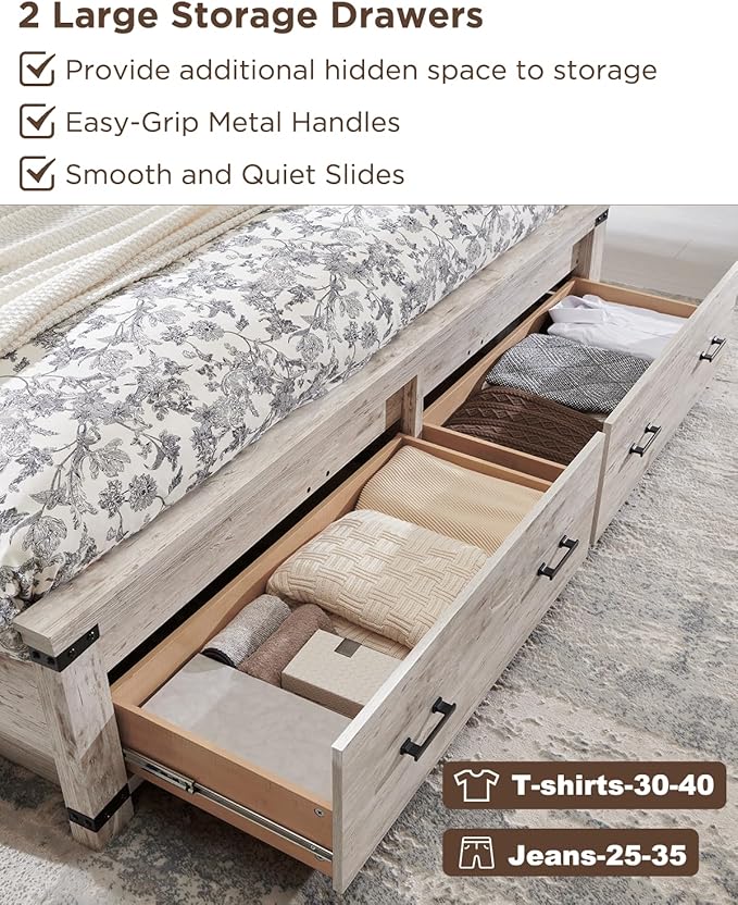 T4TREAM Farmhouse King Size Bed Frame with 54" Tall Geometric Headboard & 2 Large Storage Drawers, Rustic Wood Platform Bed with Wood Slats Support, No Box Spring Needed, Antique Brushed White