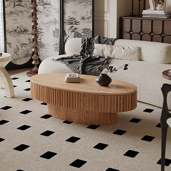 47.2" Oval Coffee Table with Storage, Fluted Coffee Table with Solid Wood Veneered, Mid Century Modern Wooden Center Table, Accent Tea Table for Living Room Apartment, Natural