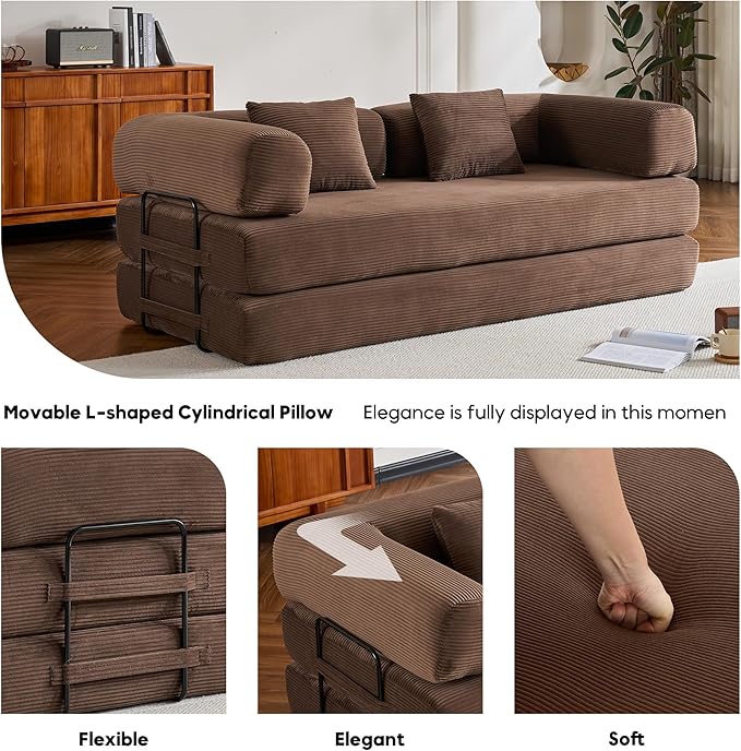 Convertible Folding Couch Bed, Comfy Corduroy Sleeper Floor Sofa Bed with Fixed-Shape Frame, Floor Sofa with Armrest, Lounge Couch for Living Room Bedroom Lounge Studio, Dark Brown