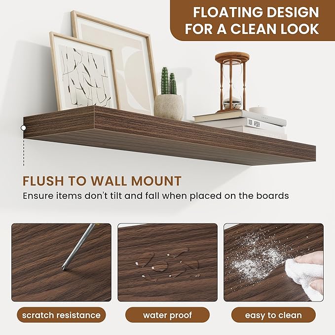 fuqing Floating Shelves for Wall, Wall Mounted Wood Floating Shelf with Invisible Brackets for Living Room, Bathroom, Bedroom, Kitchen Storage and Decor, 30 Inch Set of 2, Walnut