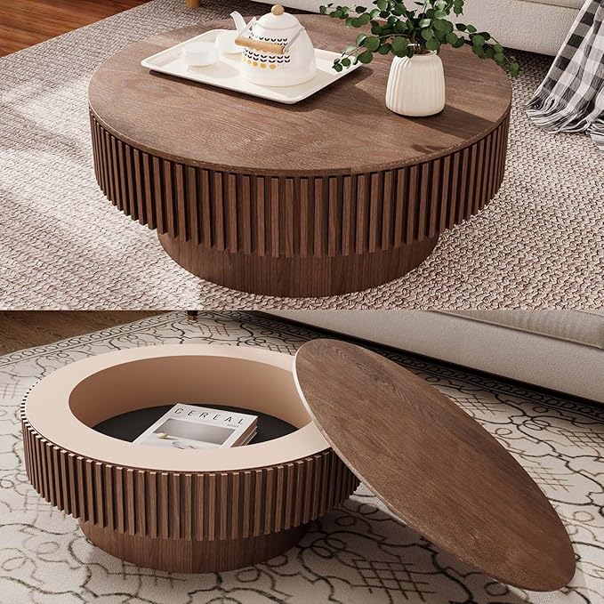 31.5'' Small Round Coffee Table with Storage, Fluted Coffee Table with Solid Wood Veneered, Mid Century Modern Wooden Center Table, Accent Tea Table for Small Space Living Room Apartment, Walnut