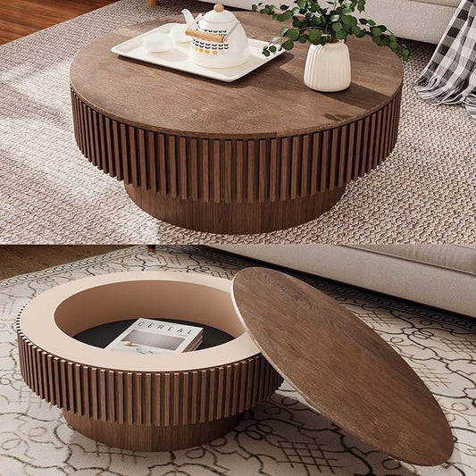 31.5'' Small Round Coffee Table with Storage, Fluted Coffee Table with Solid Wood Veneered, Mid Century Modern Wooden Center Table, Accent Tea Table for Small Space Living Room Apartment, Walnut