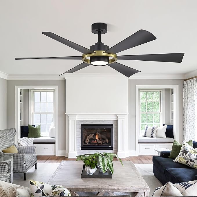 ELEHINSER 60" Ceiling Fan with Lights - 6 ABS Plastic Blades, 3 Downrods, 6-Speed Reversible DC Motor, 3CCT, Windmill Ceiling Fan for Kitchen Bedroom Living Room, Black and Brass