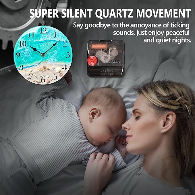 Coastal Nautical Glass Wall Clock with Seashell Design and Aesthetic Beach Theme - Battery Operated Silent Wall Decor for Home, Kitchen, Living Room, Office, Bedroom, or Bathroom (8 Inch,Teal)